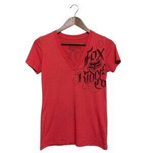 VTG Fox Racing Women's Red V-Neck Graphic T-Shirt Sz S BabyGap Streetwear Grunge